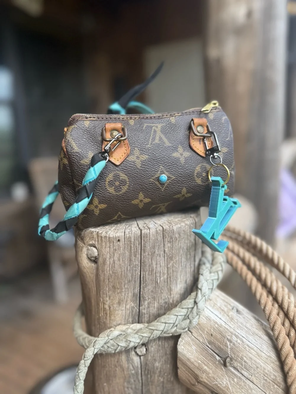 Louis Vuitton Brown Monogram Mini Duffle with Turquoise Accents - Picture 3 of 3